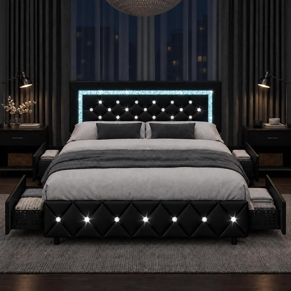 BarnFurin Queen Bed Frame with LED Headboard and Storage Drawers,Black