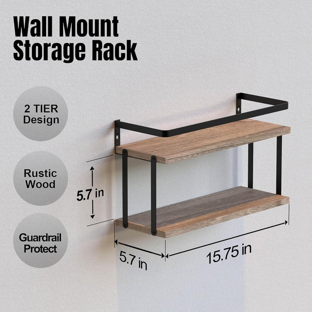 RICHER HOUSE Dual-Level Guardrail Floating Shelves, Rustic Wood Shelf Wall Mounted, Over Toilet Paper Storage Shelf for Bathroom Wall Decor, Bathroom Organizers and Kitchen Storage - Rustic Wood