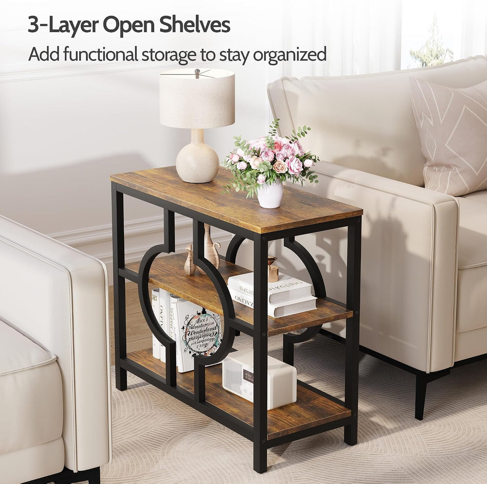 End Table Set of 2, Narrow Side Table with 3-Tier Storage Shelves, Wood Sofa ...