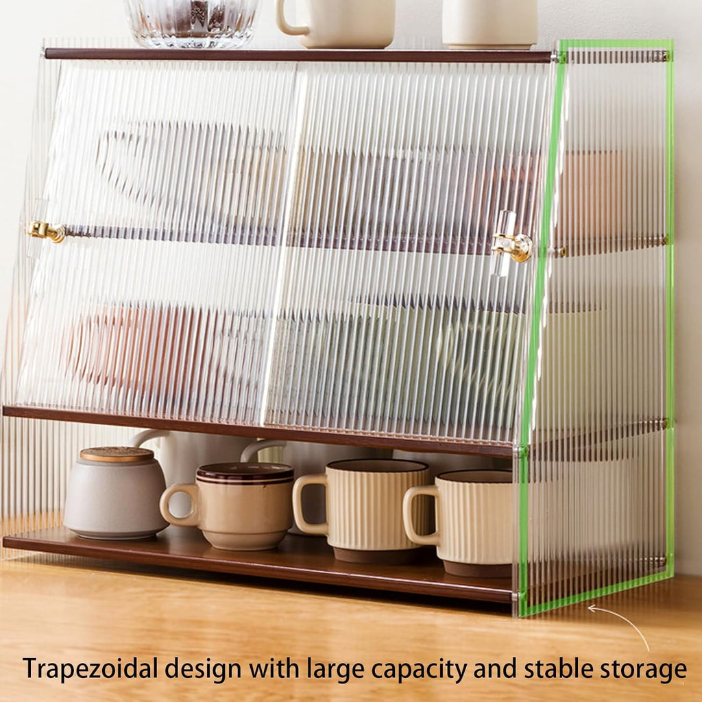 4-Tier Clear Acrylic Organizer, Pantry Cabinet with Sliding Doors, Trapezoidal Countertop Cabinet for Bowls, Spices or Bathroom Storage (B)