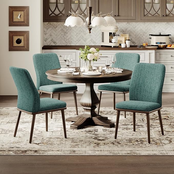 Upholstered Dining Chairs Set of 2, Modern Kitchen Chairs with High Back, Padded Fabric Dining Room Chair with Solid Wood Legs for Restaurant/Cafe/Home, Green