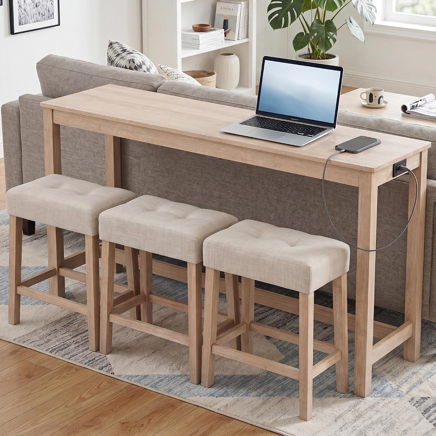 DUHOME 4 Piece Bar Table Set with Power Outlet，Dining Table Set | Industrial Breakfast Table with 3 Padded Stools Solid Wood Counter Height Bar Set for Living Room, Dining Room Natural