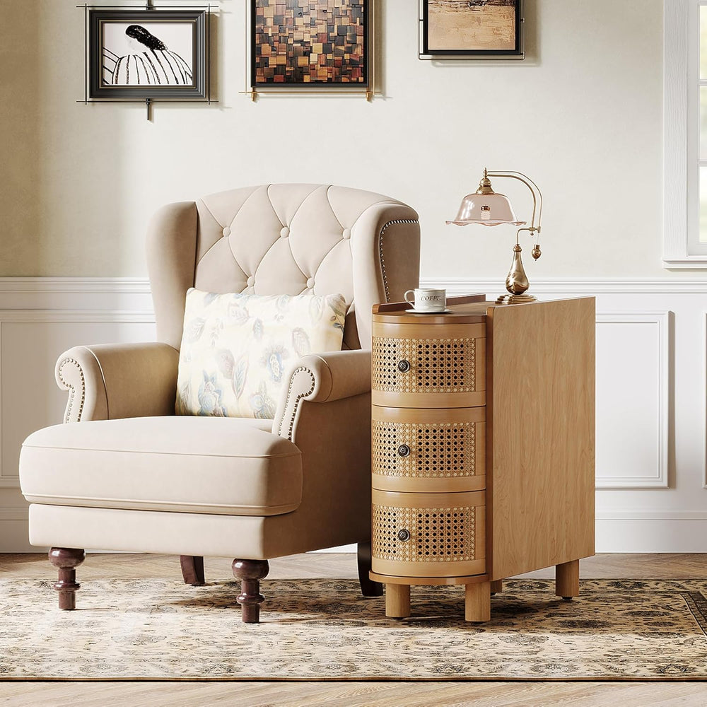 Tribesigns Solid Wood End Table, 3-Drawer Rattan Side Table, Night Stand with...