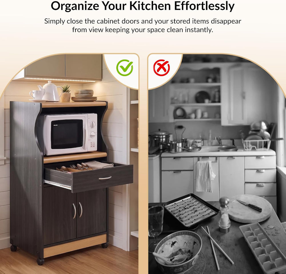 L'Baiet Rolling Kitchen Cart with Microwave Shelf & Cabinet, Black