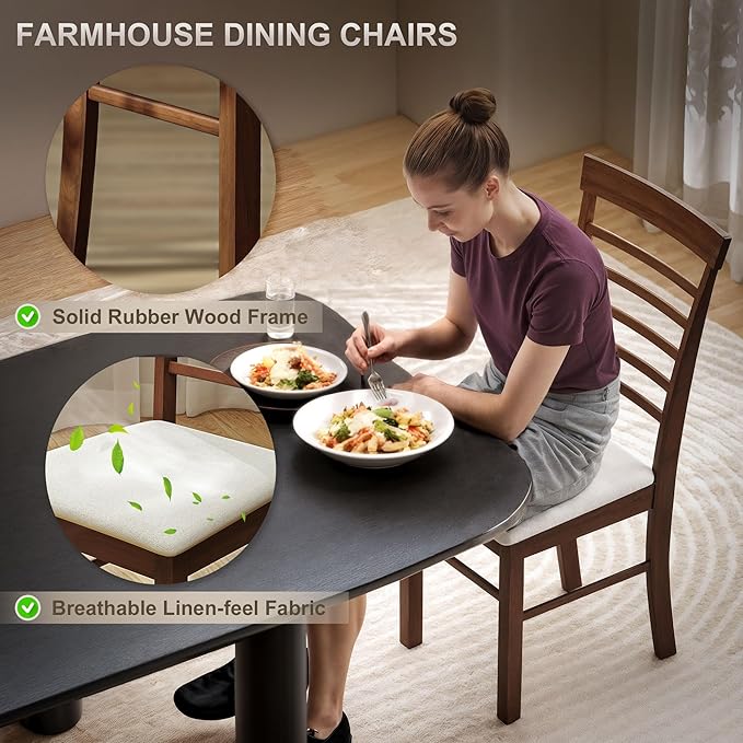 HOMCOM Wooden Dining Chairs Set of 2, Farmhouse Upholstered Kitchen Chairs wi...