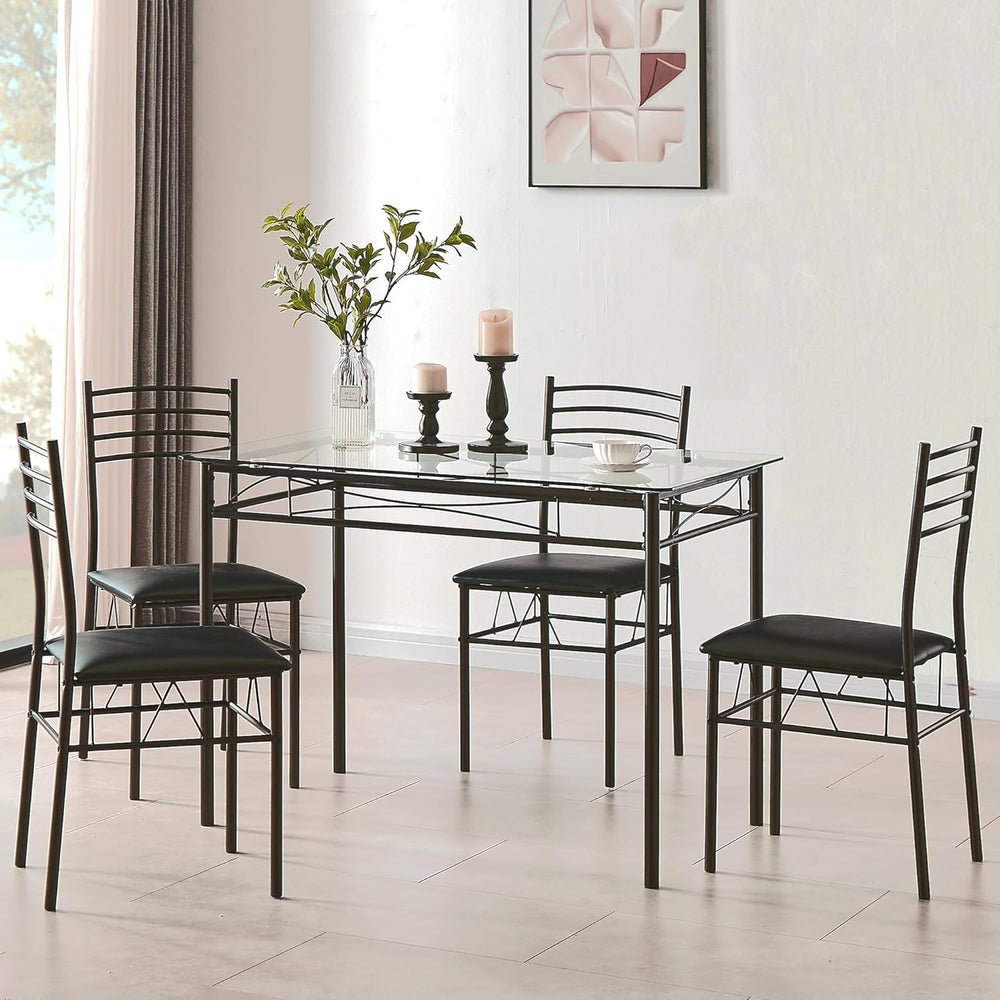 VECELO Kitchen Dining Table and Chairs Set for 4, Padded Seat & Glasses T...