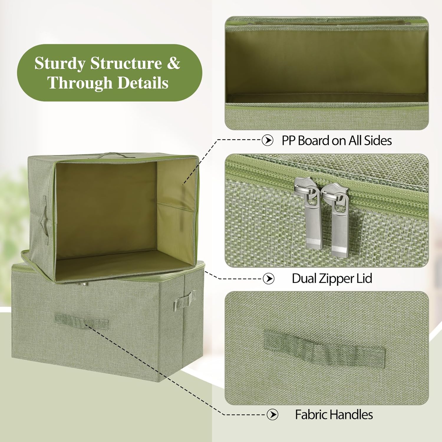 ANMINY Fabric Storage Bins with Zipper Lids, 15"x10"x6", Green, 1 PCS | 15.6Qt Cotton Linen Storage Box, PP Board Frame, Washable Collapsible, with Handles & 3-side Open Lid, Stackable, Small