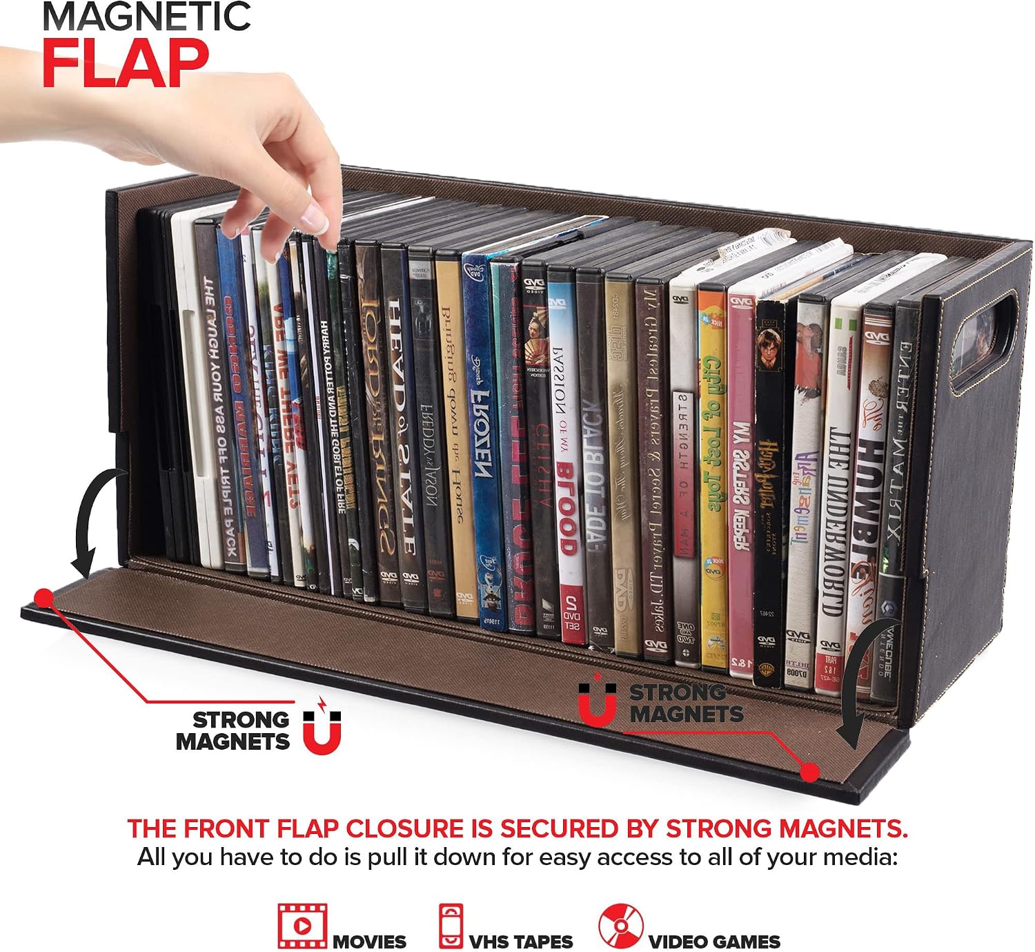 Stock Your Home DVD Storage Box, Movie Shelf Organizer for Blu-Ray, Video Game Cases, CDs, VHS Tape Display Stand, Disc Holder Can Store Up to 28 DVDs, Faux Leather (Espresso) 2 Pack
