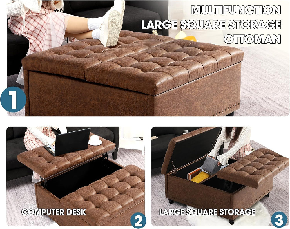 Grepatio 35.5" Large Square Storage Ottoman, Lift Top Ottoman Square Ben...