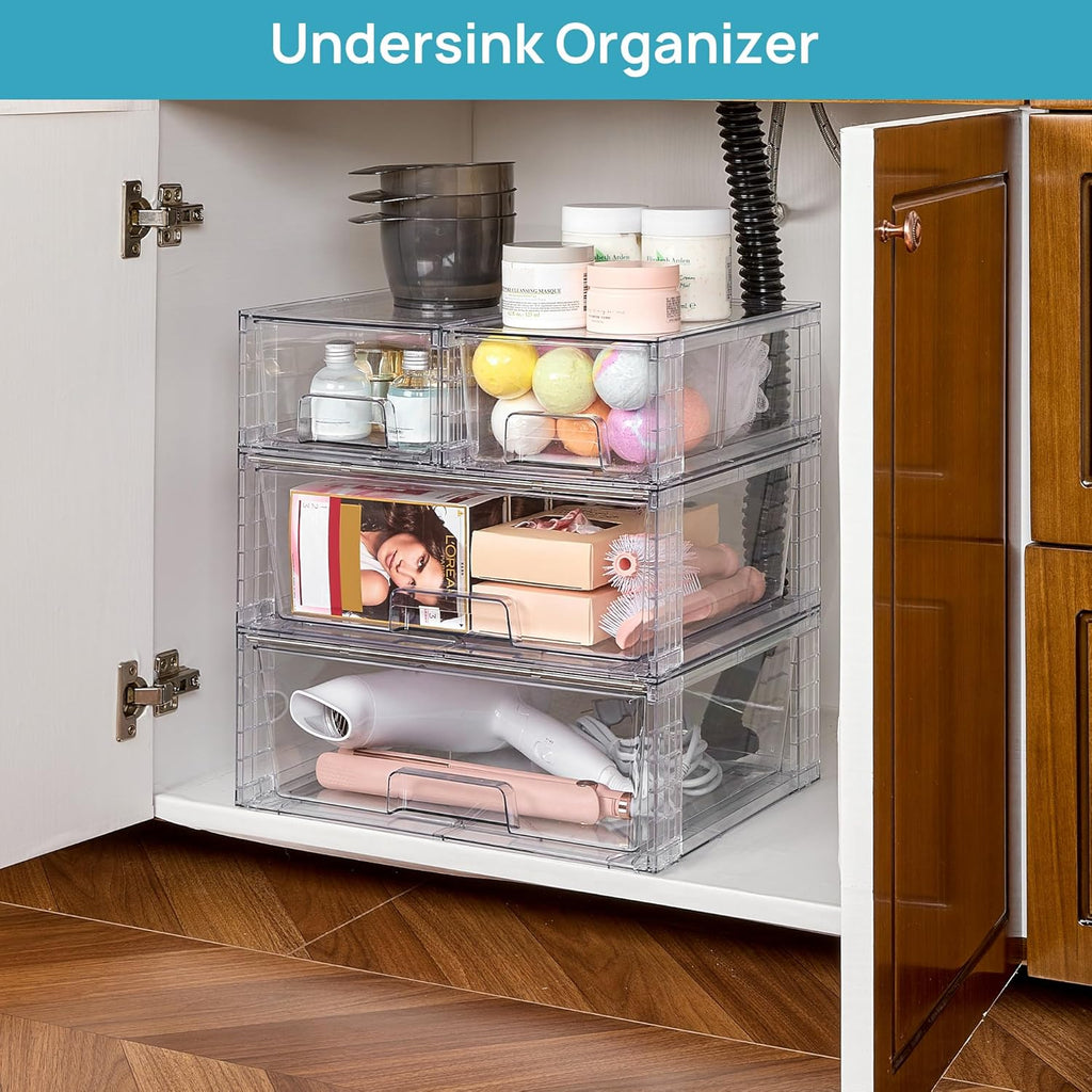 Vtopmart Clear Stackable Storage Drawers Set of 6, Easily Assemble Acrylic Bathroom Undersink Organizers,Plastic Storage Bins for Closet,Cabinet,Pantry,Medicine Organization