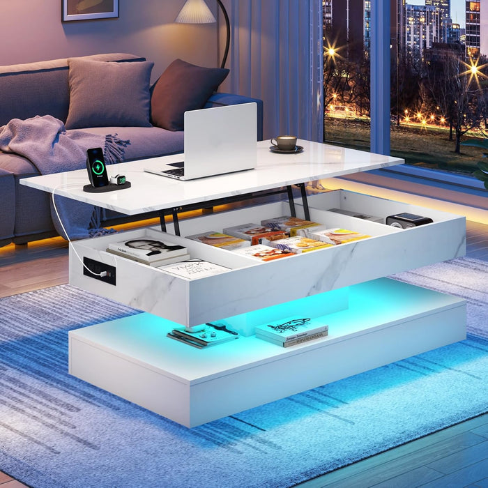 chartustriable 47.2" Large Lift Top Coffee Table, Modern LED High Glossy Coffee Table with Storage for Living Room, Lift Up Living Room Center Tables with Charging Station, LED Lights, White