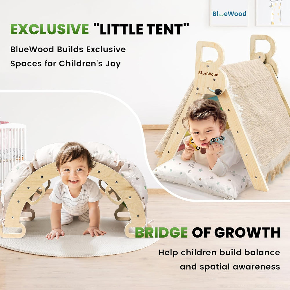BlueWood Pikler Triangle Set Rainbow with Cushion and Wooden Busy Board