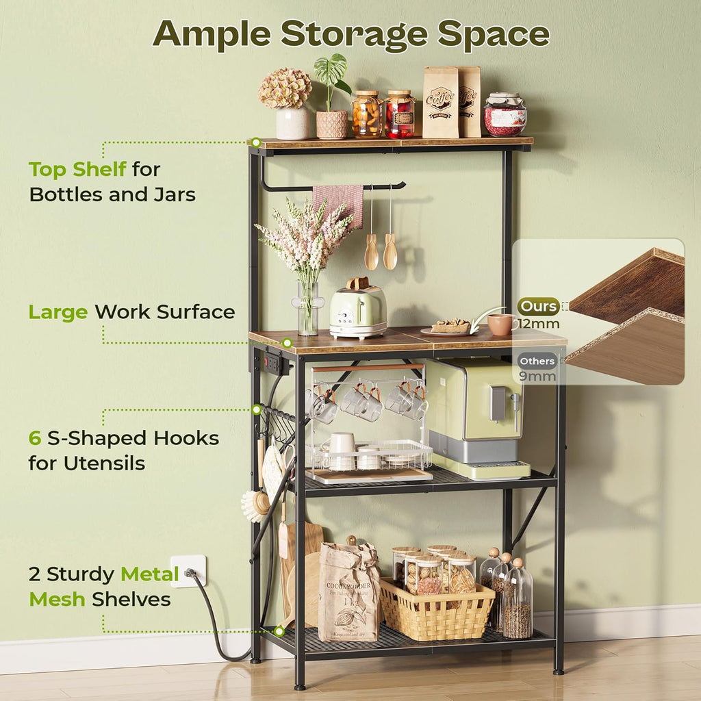 Huuger 4-Tier Bakers Rack with Reversible Power Outlet, 23.6 Inch Microwave Stand, Kitchen Coffee Bar, with Top Shelf, 6 S Hooks, Rustic Brown