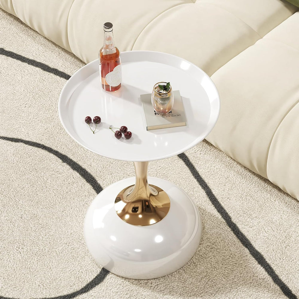 Small White Round Side Table with Gold Pedestal Base - Modern Chic Accent End...