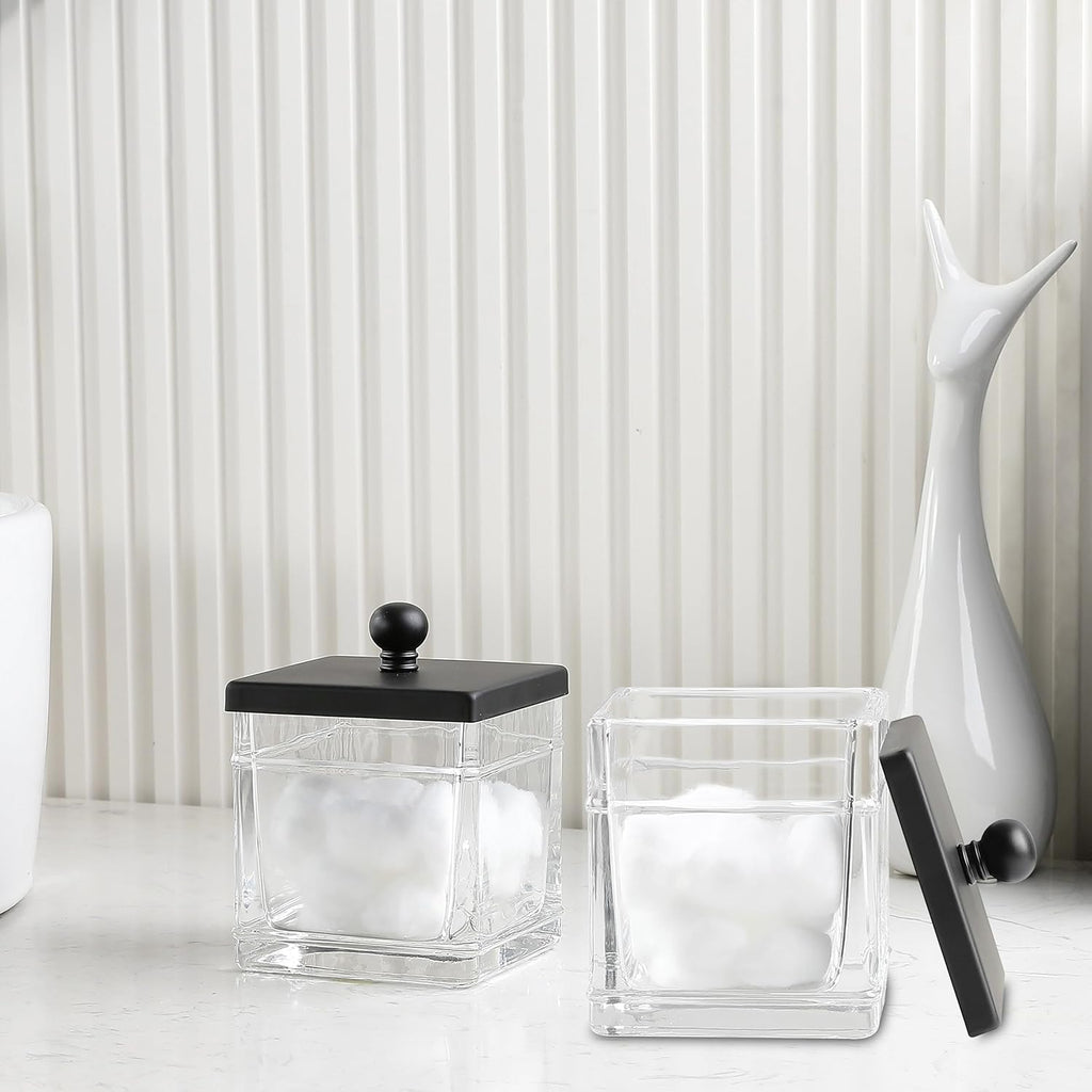 Glass Cotton Jar Holder 2 Pack– Matte Black Lid, Elegant Bathroom Storage Canister for Qtips, Cotton Balls, Floss, Makeup Organizer, Vanity & Bathroom Organization