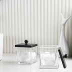 Glass Cotton Jar Holder 2 Pack– Matte Black Lid, Elegant Bathroom Storage Canister for Qtips, Cotton Balls, Floss, Makeup Organizer, Vanity & Bathroom Organization