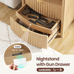 Dystler Fluted Night Stand with Gun Drawer & Card-Lock, 19.7" W Curved Nightstand with Charging Station and LED Lights, 2 Drawers Smart Bedside Table for Bedroom (1, Oak)