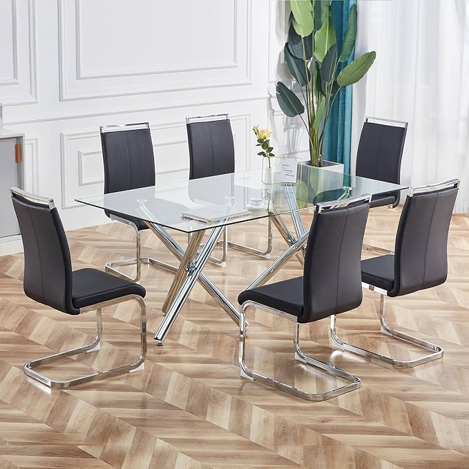 AZmac Modern Leather Dining Chairs Set of 6,Armless Kitchen Chairs,Dining Room Chairs with Upholstered Padded Seat and Sturdy Chrome Legs for Dining Room,Kitchen (Set of 6, Black+PU Leather)