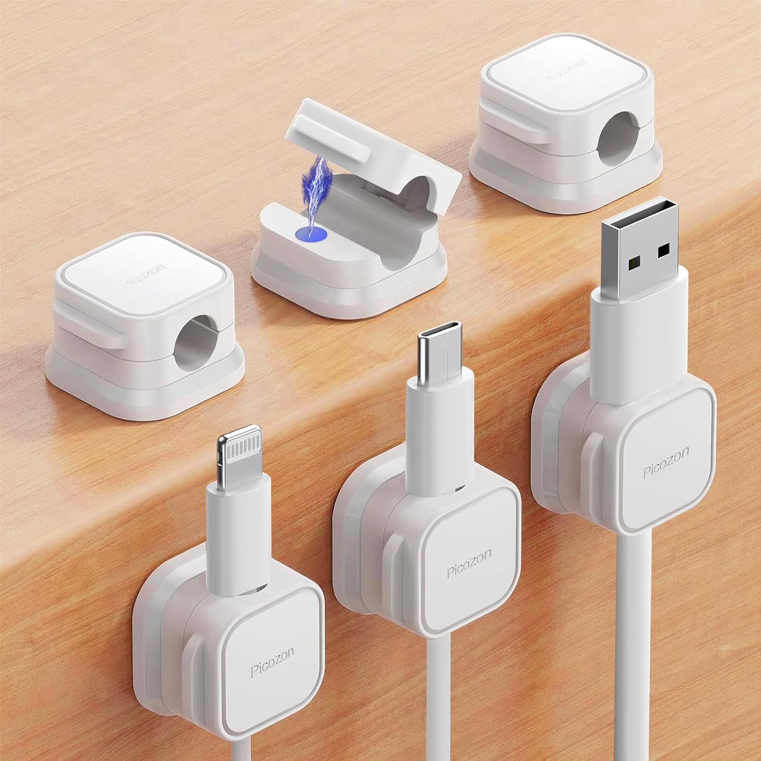 Picozon 6 Pack Magnetic Cable Clip Organizer Cord Holder, Picozon Adhesive Cable Management, Wire Phone USB Charger Cable Holder Keeper Organizer for Car, Office Home Desktop, Wall, Night Table