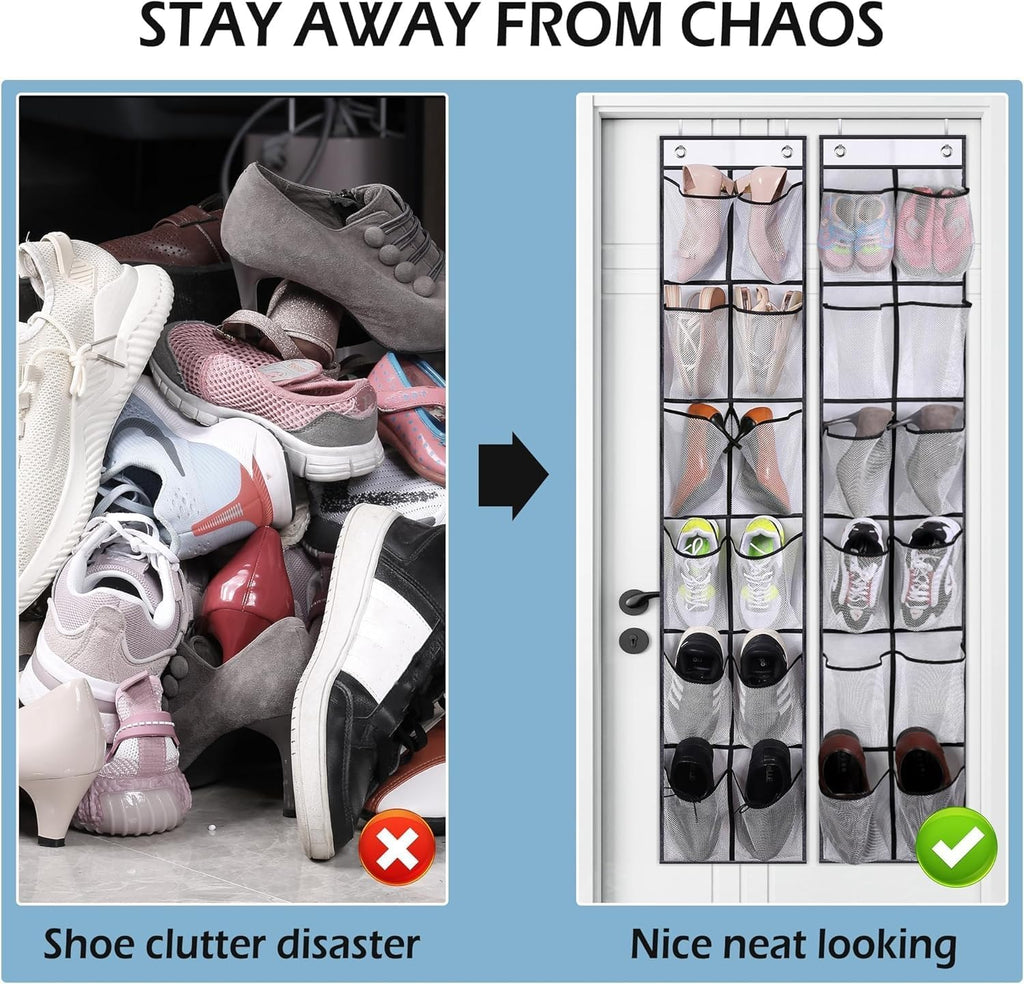 MISSLO Over The Door Shoe Organizer 12 Large Mesh Pockets Hanging Narrow Closet Door, White, 2 Pack