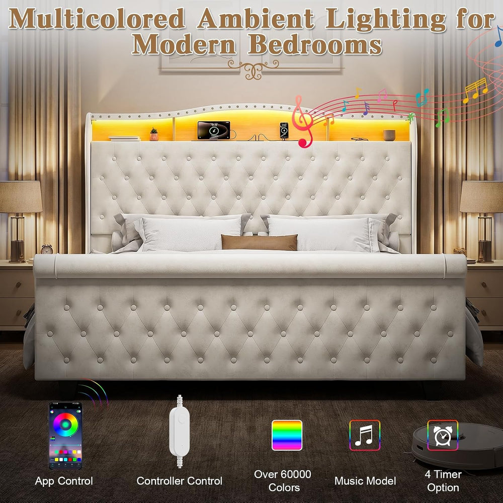 Upholstered Queen Size Bed Frame with LED Lights & Charging Station, Velv...