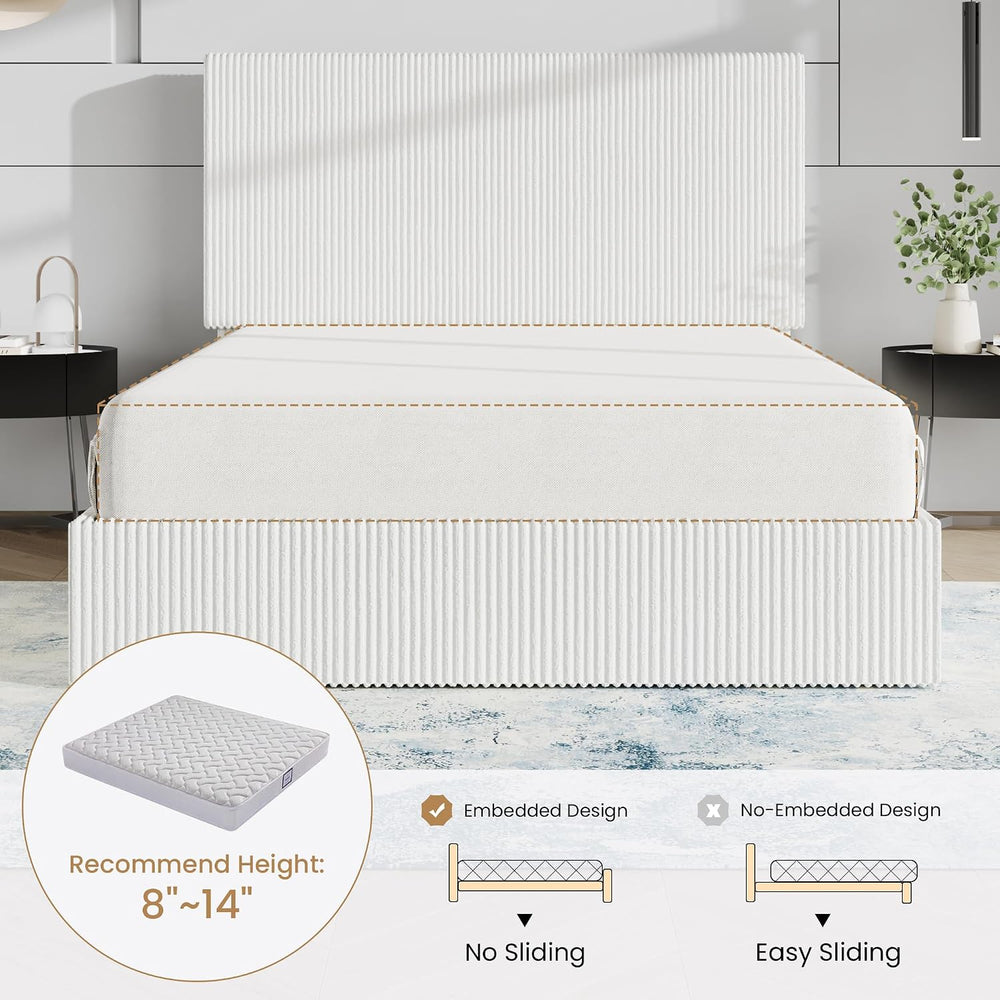 SHA CERLIN Queen Size Corduroy Bed Frame with Adjustable Headboard, White
