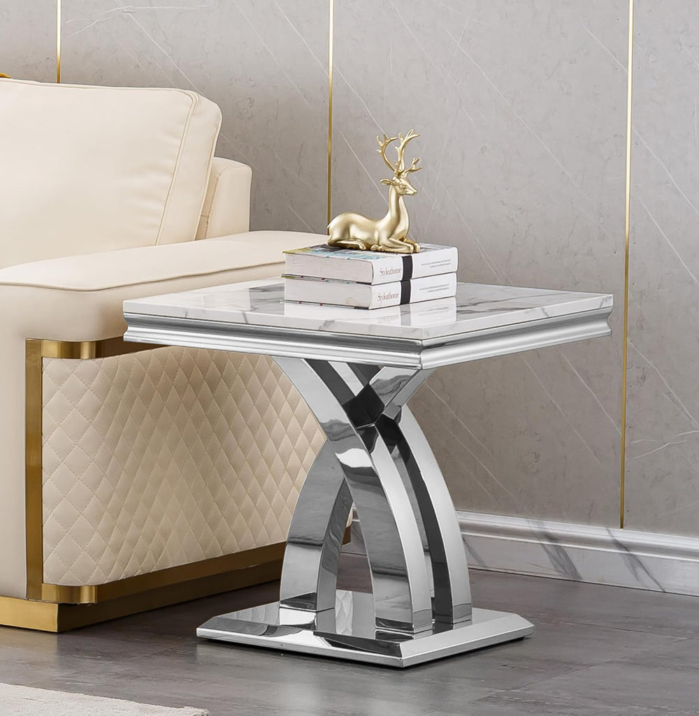 Marble End Table Modern Square Silver Living Room Table Sofa Side Table with ...