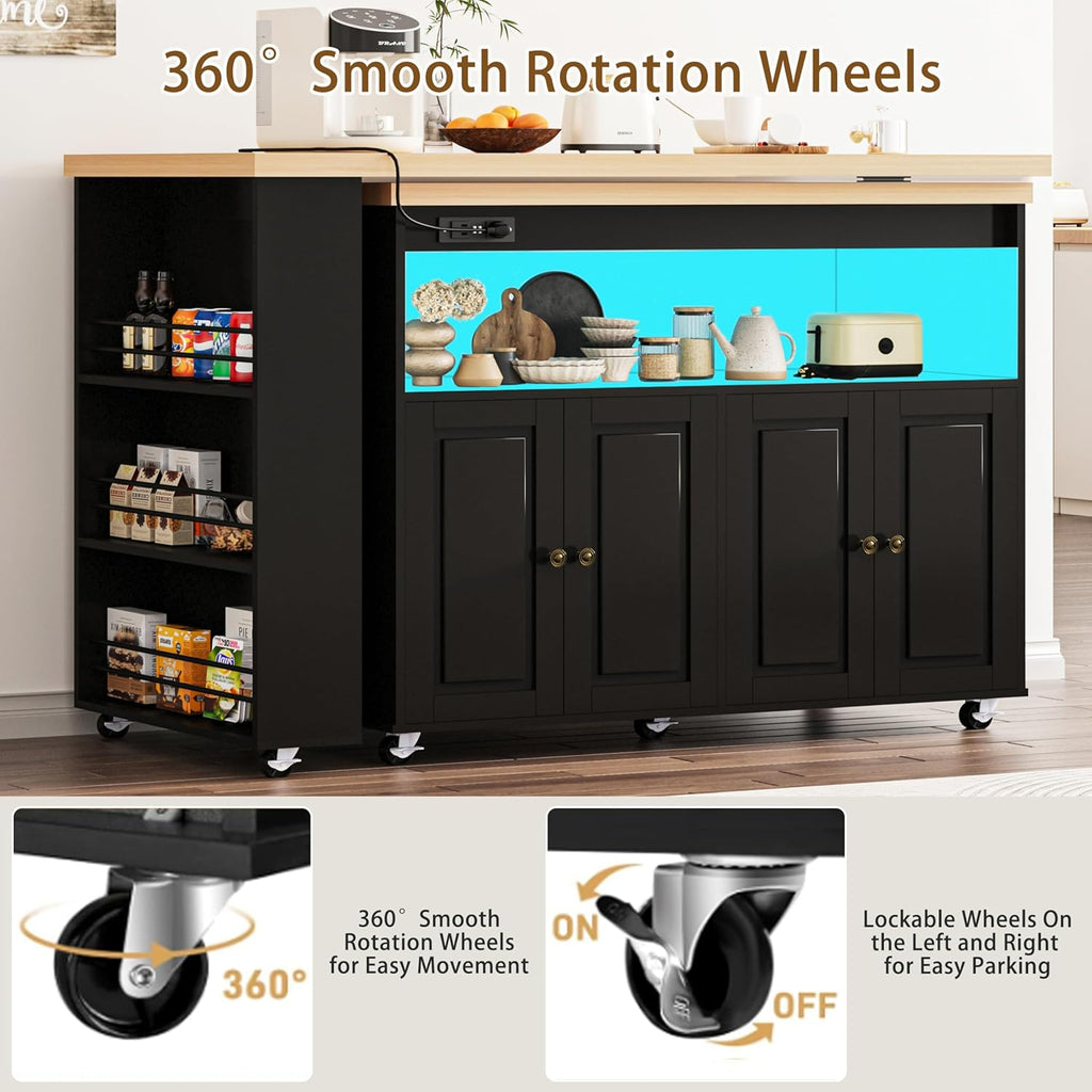 84’’ Rolling Kitchen Island with Swivel Table, Islands Cart with LED Lights, Power Outlet, Movable Storage Cabinet with Side Tabletop on Wheels, for Living Room, Home Bar, Black