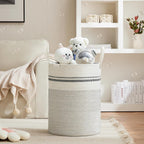 VIPOSCO Tall Laundry Basket, Large Dirty Clothes Hamper with Leather Handle, Woven Rope Storage Basket for Blanket, Toy In Living Room, Bathroom, Bedroom - 100L Stripe White