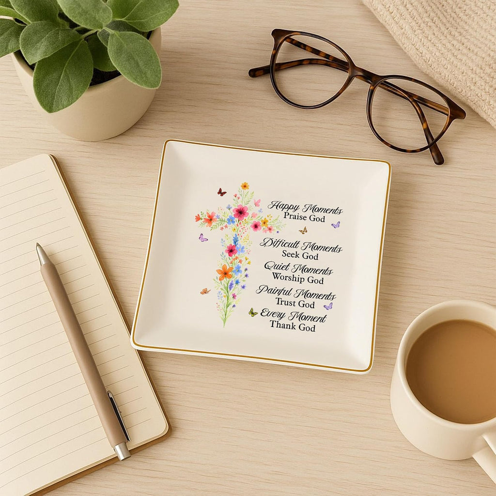 Christian Gifts for Women, Faith Inspirational Gifts - Floral Cross 4" Jewelry Dish, Religious Gift for Mom, Sister, Daughter, Friends - Catholic Bible Verse, Communion, Confirmation Gift for Her