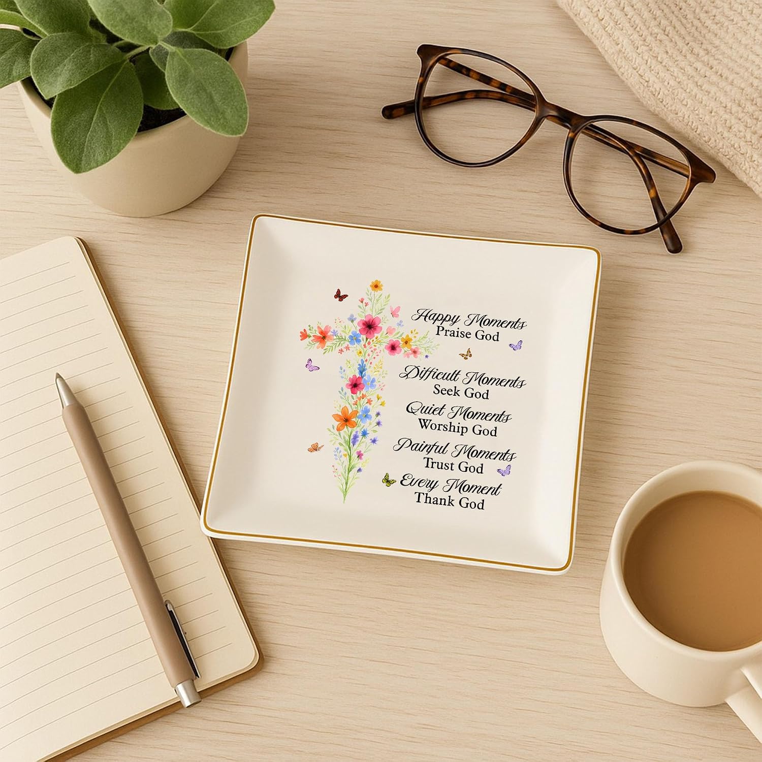 Christian Gifts for Women, Faith Inspirational Gifts - Floral Cross 4" Jewelry Dish, Religious Gift for Mom, Sister, Daughter, Friends - Catholic Bible Verse, Communion, Confirmation Gift for Her