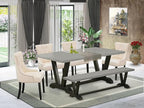 East West Furniture V697FR102-6 6 Piece Dining Table Set Contains a Rectangle Kitchen Table with V-Legs and 4 Light Beige Linen Fabric Parson Chairs with a Bench, 40x72 Inch, Multi-Color