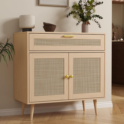 Furnify Rattan Sideboard Buffet, Boho Kitchen Cabinet with Drawer & 2 Doors, Modern Mid Century Accent Cabinet with Adjustable Shelf,Coffee Bar for Living Room, Entryway, Kitchen, Oak