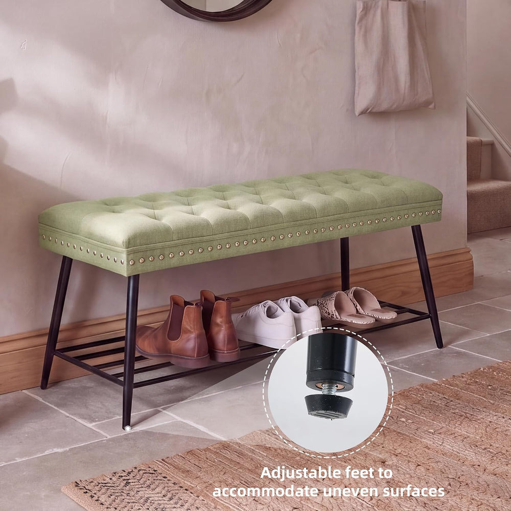 Thick Cushioned Shoe Bench, Entryway Bench with Metal Shoe Rack, Upholstered ...