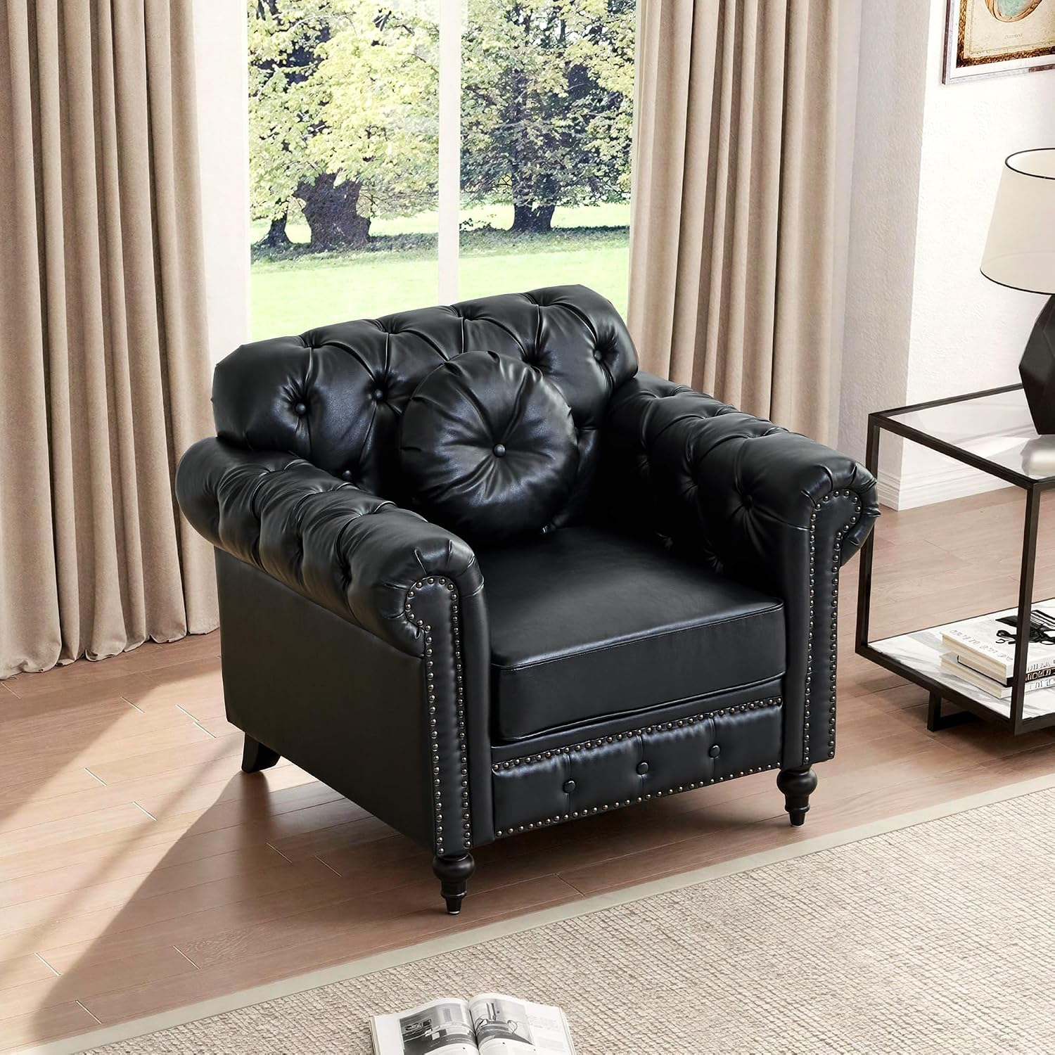 Chesterfield Chair, High Back Modern Faux Leather Couch with Button Tufted, Nailhead Trim, Rolled Arms, Extra Round Cushion – Classic Couch for Living Room, Lounge, or Office, Black