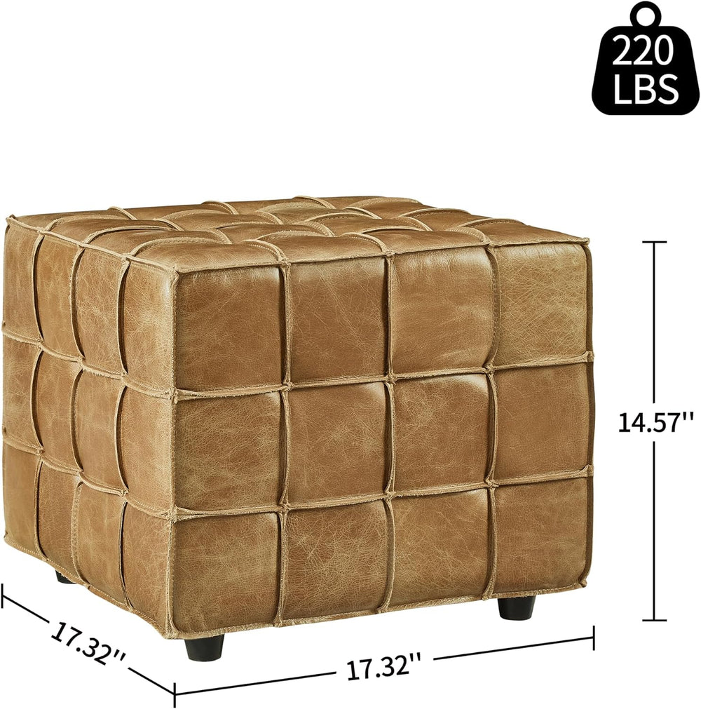 Art Leon Tufted Square Ottoman Leather Footstool Foot Rest Light Brown | Bisc...