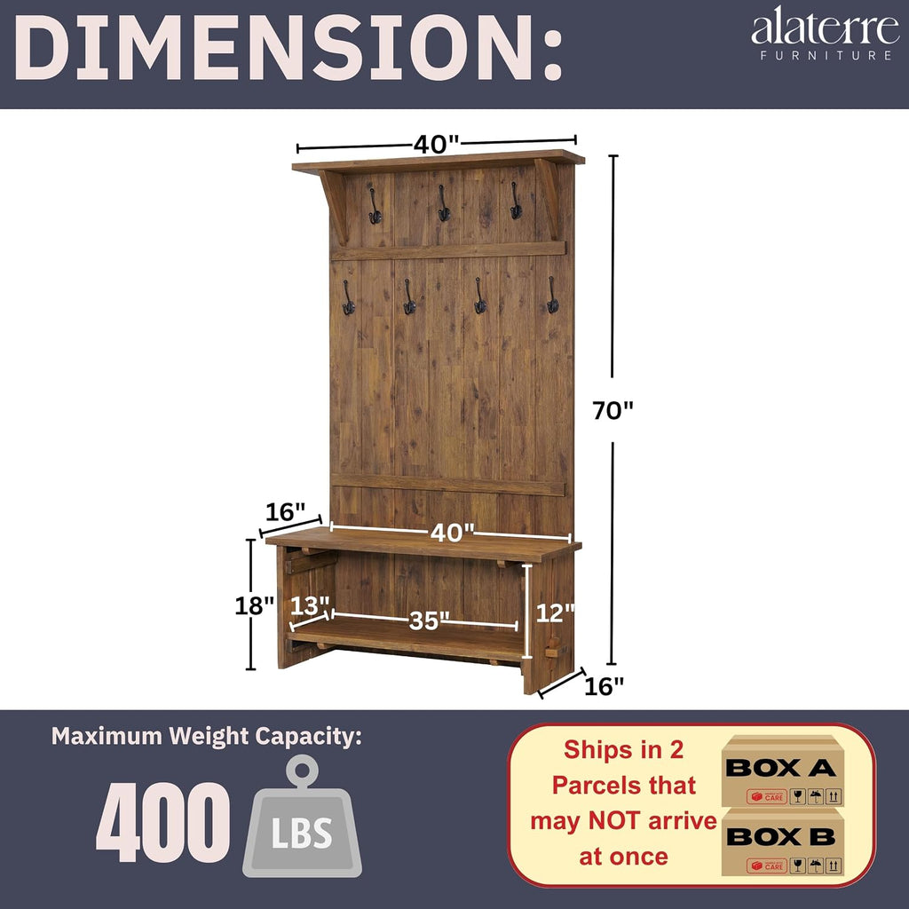 Alaterre Bethel Rustic Solid Wood Entryway Hall Tree with Bench, Natural | 70” Modern Farmhouse Entryway Organizer with Shoe Storage Bench and Coat Hooks, Natural Aged Brown, for Jackets, Shoes & Bags