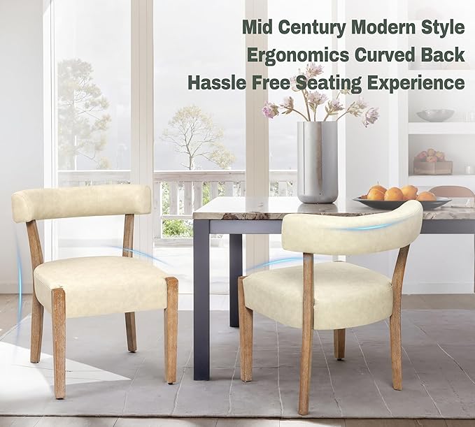Modern Dining Chairs Set of 4, Faux Leather Upholstered Kitchen & Dining Room Chairs, Mid Century Modern Wooden Dining Chairs Oversized Sturdy Rounded Chairs Curved Back, Beige