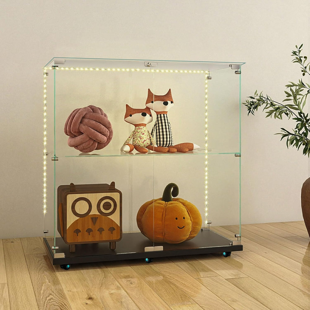 2-Tier Glass Display Cabinet with Bluetooth LED Light Strip, 2-Door Floor Sta...