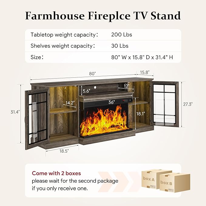 MXV 80'' Fireplace TV Stand, Farmhouse Entertainment Center with 3 Sided Glass TV Stand, Modern Media Console Table with Storage Drawers & Cabinets with LED Flame and Lights for Living Room, Gray