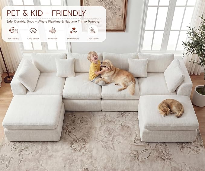 141'' Oversized Cloud Sectional Boneless Couch for Living Room, Modern Big Compressed U Shape Couch with 2 Ottoman 2 Throw Pillows, Comfy Chenille Deep Seat Memory Foam Spineless 6 Seater Sofa,Beige