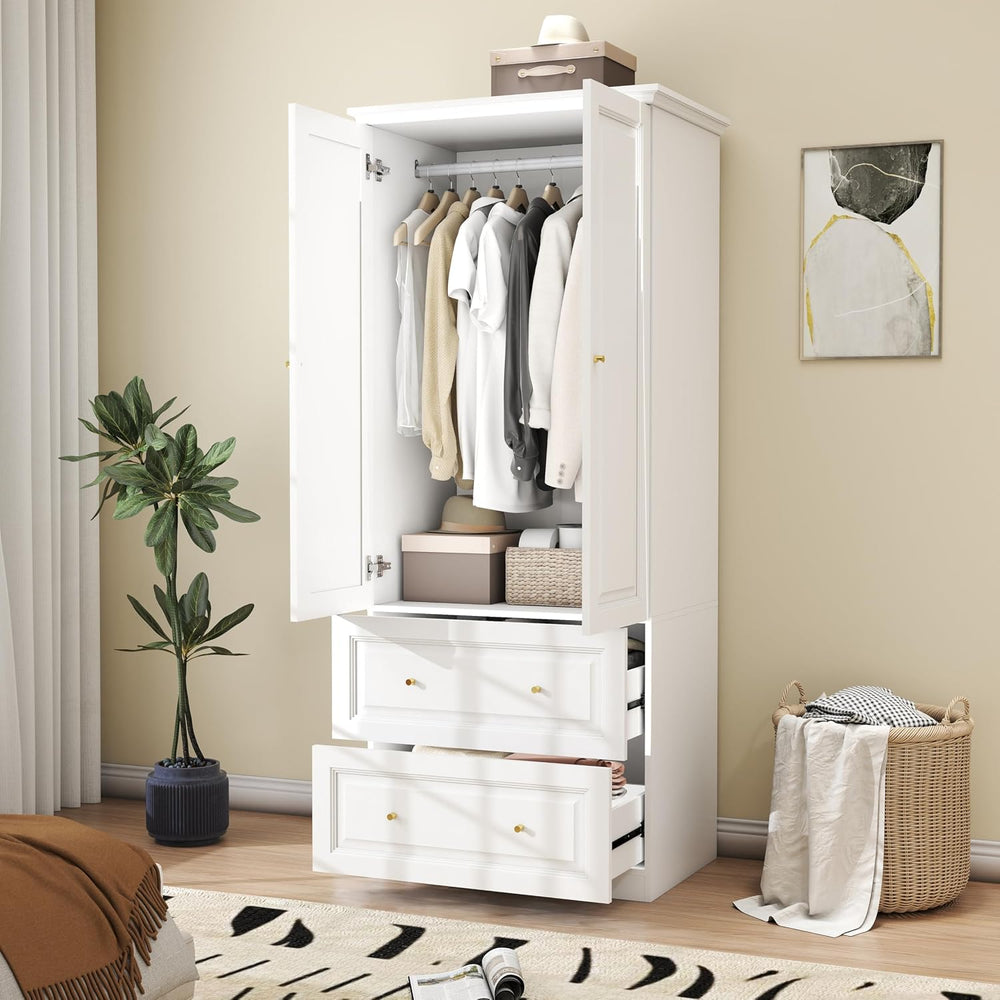 Bedroom Armoires Wardrobe Closet with 2 Doors: 74" White Wardrobe Cabine...