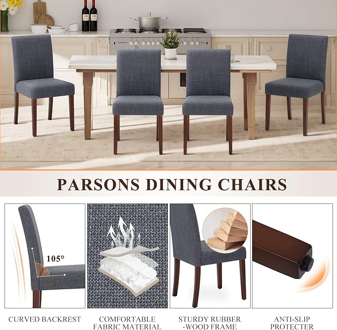 Upholstered Parsons Dining Chairs Set of 4, Modern Dining Room Chairs with Back, Fabric Kitchen Side Chairs with Wood Legs for Dinner Farmhouse Restaurant, Dark Grey