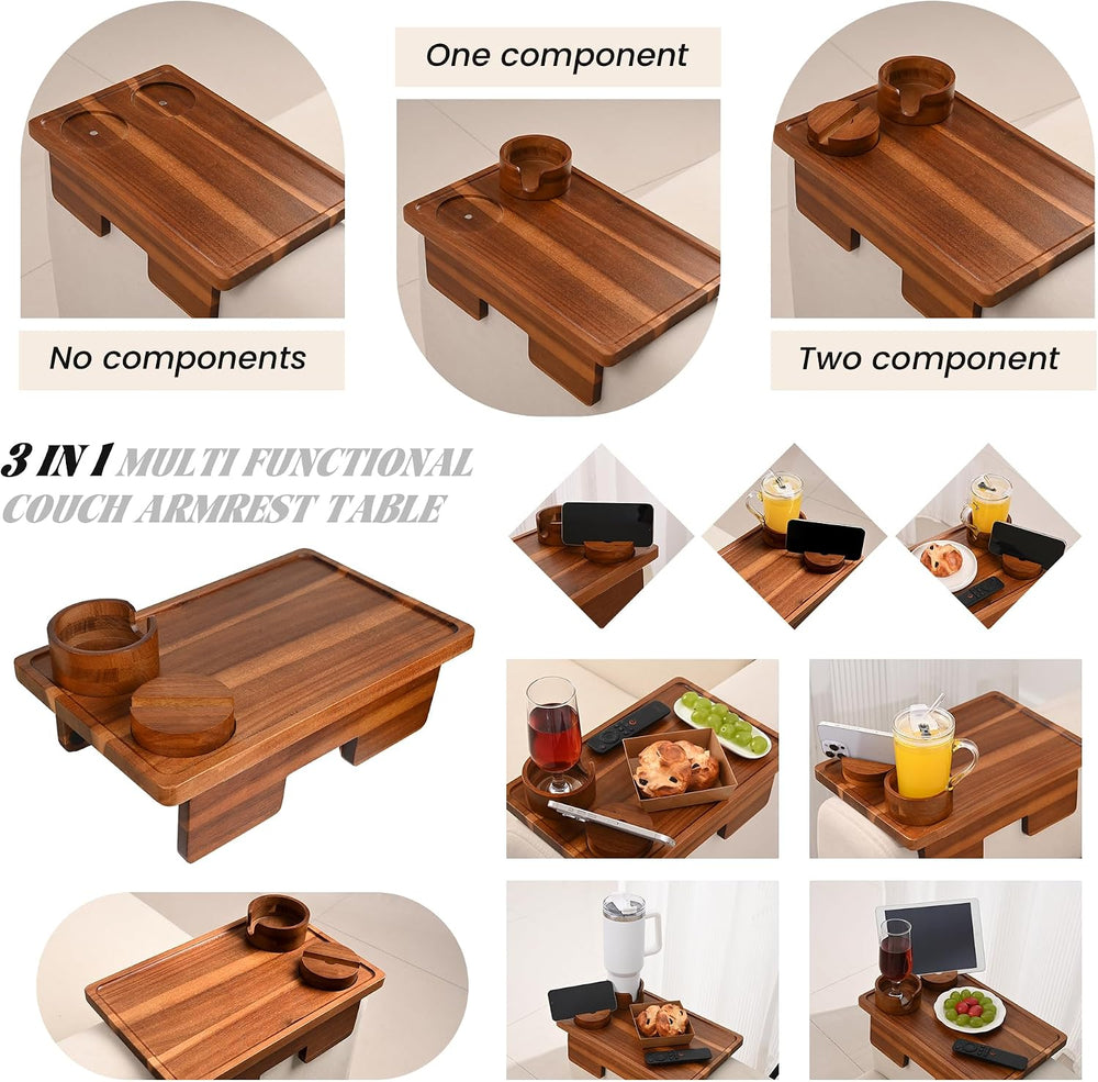 GEHE Real Acacia Wood Couch Armrest Table, 15.4"x9.8" Couch Arm Tra...