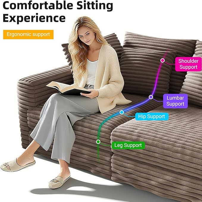 KEIKI 102.4" Sectional Couches, Modern Comfy Upholstered Sofa Cloud Couch, Deep Seat 4 Seat Sofa Set with Soft Pillows and Movable Ottoman for Living Room, Apartment, Office, Camel