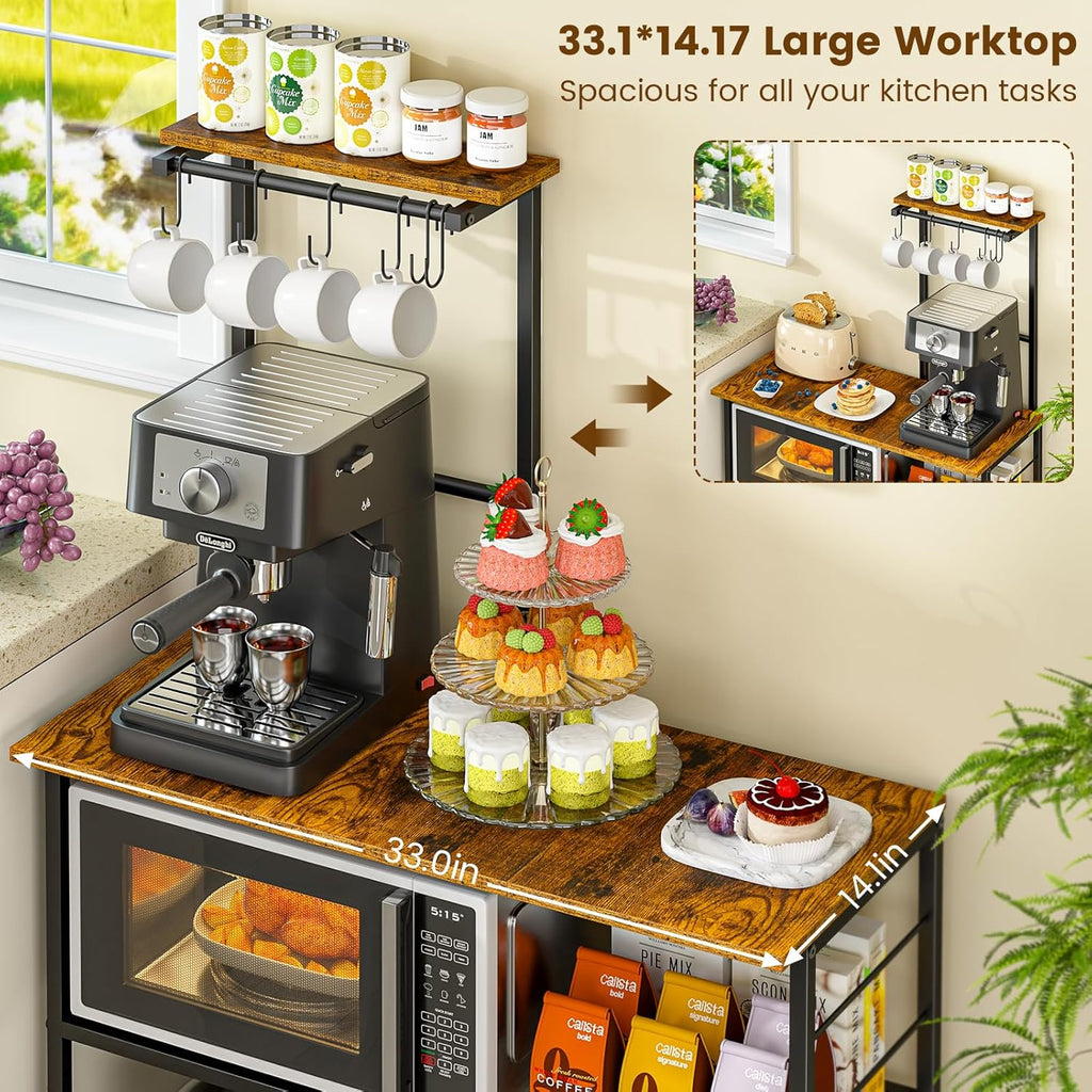 3IngSeagulls Bakers Rack with Storage, Kitchen Microwave Stand with Adjustable shelf and 6 S Hooks, 4-Tier Coffee Station Table, Kitchen Shelves for Spices, Pots, Rustic Brown