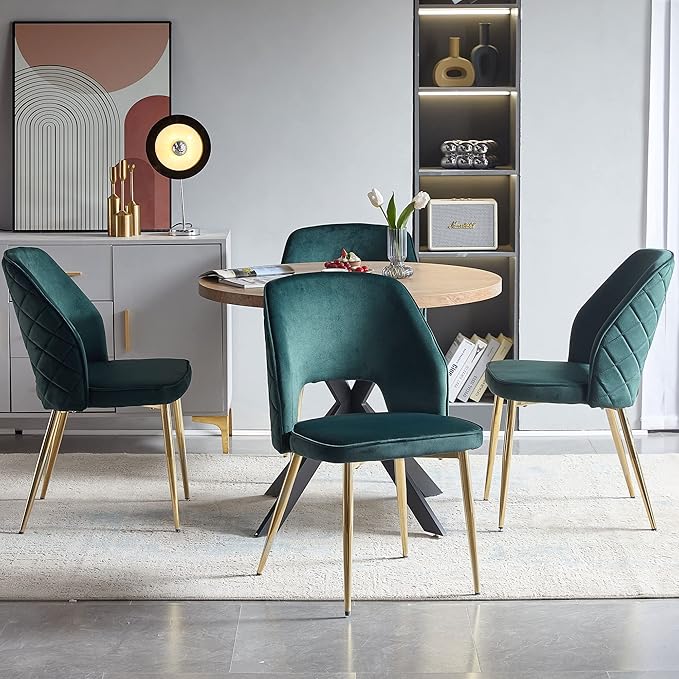 NORDICANA Modern Dining Chair Set of 4, Forest Green Velvet Fabric Upholstered Accent Chairs with Golden Metal Legs, Round Back Side Chairs for Kitchen Living Room Bedroom