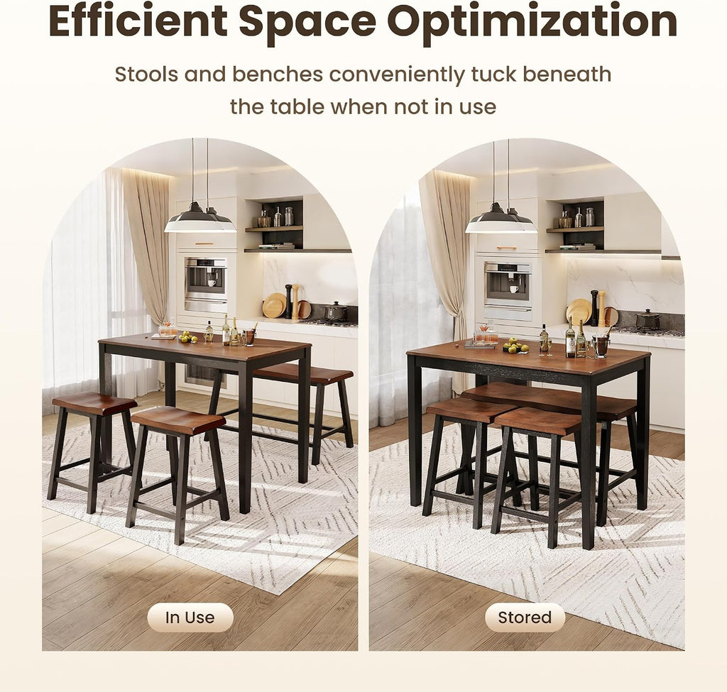 PHI VILLA Dining Table Set for 4, Kitchen Table Set with Bench and Chairs, Solid Wood Counter Height Bar Table and Chairs, Small Breakfast Table Set, Walnut with Black