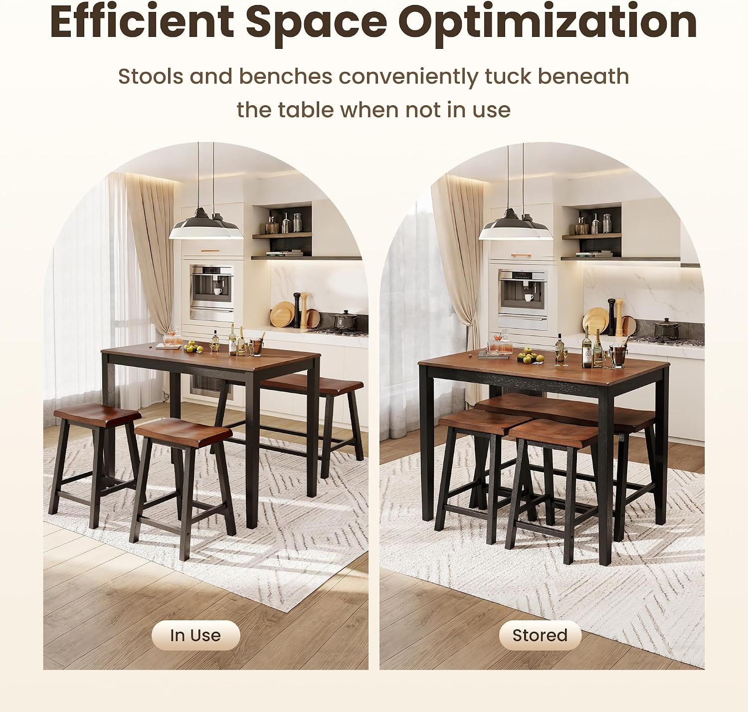 PHI VILLA Dining Table Set for 4, Kitchen Table Set with Bench and Chairs, Solid Wood Counter Height Bar Table and Chairs, Small Breakfast Table Set, Walnut with Black