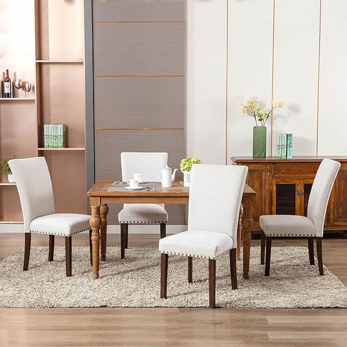 COLAMY Upholstered Dining Chairs Set of 6, Parsons Style Side Chairs with Nailhead Trim and Solid Wood Legs, Comfortable Linen Fabric for Kitchen & Dining Room – Beige